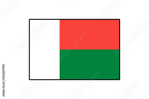 This graphic displays the national flag of Madagascar featuring horizontal stripes of red, green, and a vertical white band on the left side. It represents Madagascar's identity and heritage.