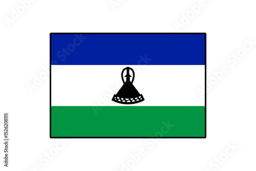 The Lesotho flag features three horizontal stripes of blue, white, and green, with a black Basotho hat in the center symbolizing the country's culture and heritage.