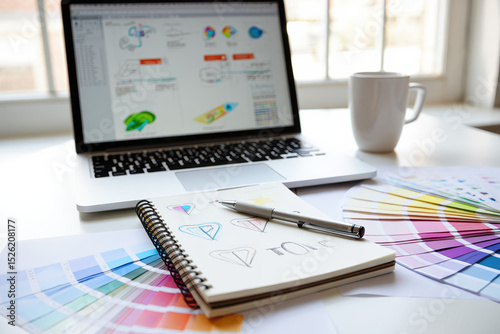 Creative workspace featuring a laptop displaying design software, a sketchbook with colorful drawings, and a coffee mug, showcasing an inspiring environment for artistic projects