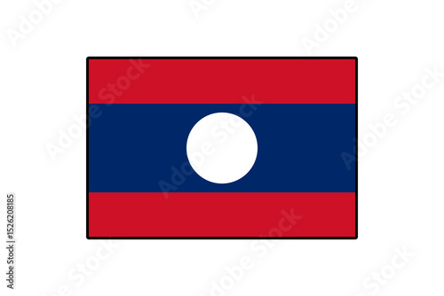 The national flag of Laos features red and blue horizontal stripes with a central white circle. This design symbolizes the nation's identity and unity.