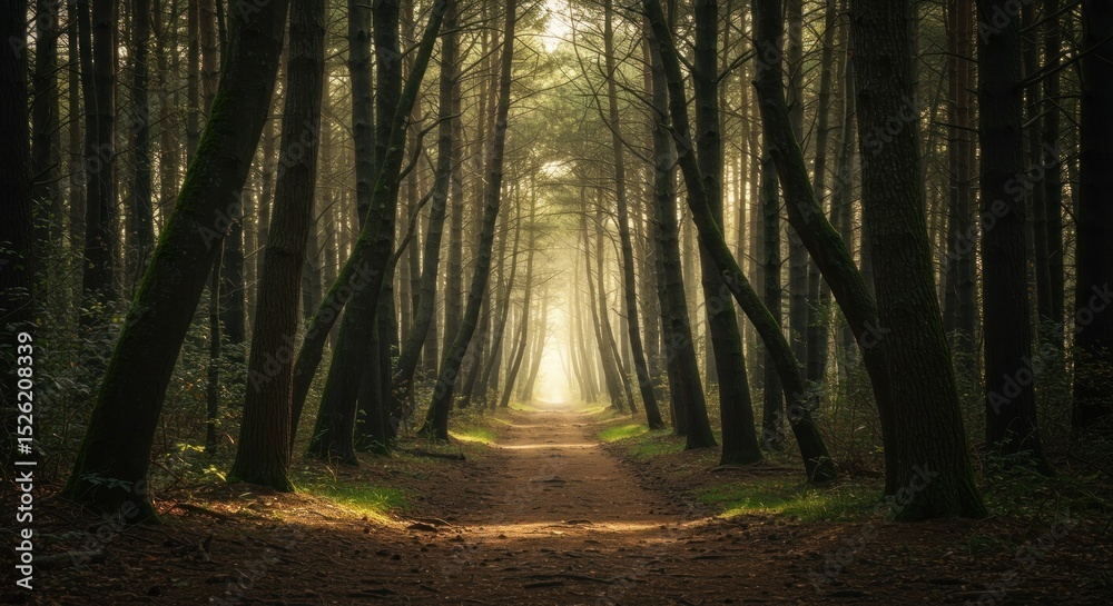 Obraz premium Sunlit path through dark forest