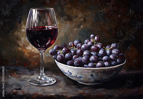 A glass of red wine and bunches of ripe grapes, presented elegantly on a rustic table