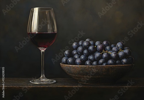 A glass of red wine and bunches of ripe grapes, presented elegantly on a rustic table