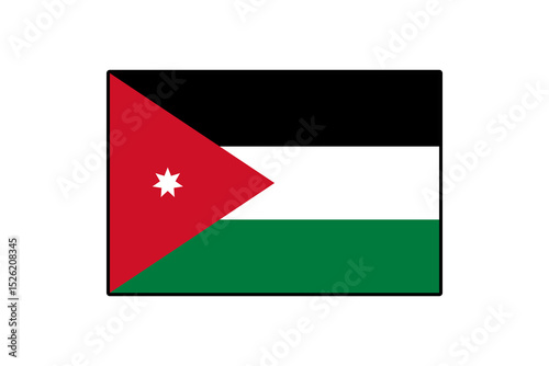 This vector design showcases the flag of Jordan featuring three horizontal stripes of black, white, and green, with a red triangle and a white seven-pointed star on the left side.