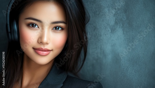 In an empty space, a cheerful Asian female call center representative, wearing a formal suit and a headset, happily promotes a job opportunity with enthusiasm