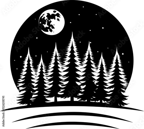 Silhouette serene night scene with treeline silhouetted against large moon, creating tranquil atmosphere
