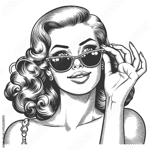woman with classic hairstyle confidently adjusting her sunglasses, evoking glamour and charm sketch engraving generative ai vector illustration. Scratch board imitation. Black and white image.