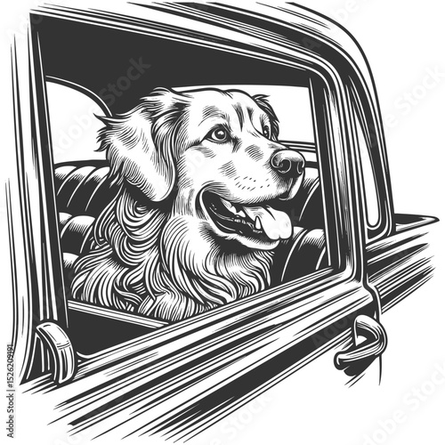 happy dog with its head out of a moving car window, fur blowing in the wind sketch engraving generative ai vector illustration. Scratch board imitation. Black and white image.