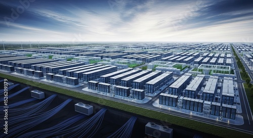 Futuristic view of a sprawling data center complex featuring modern architecture and advanced design.