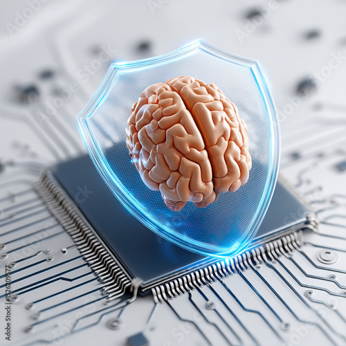 Artificial intelligence concept with human brain protected by digital shield on microchip, symbolizing secure technology