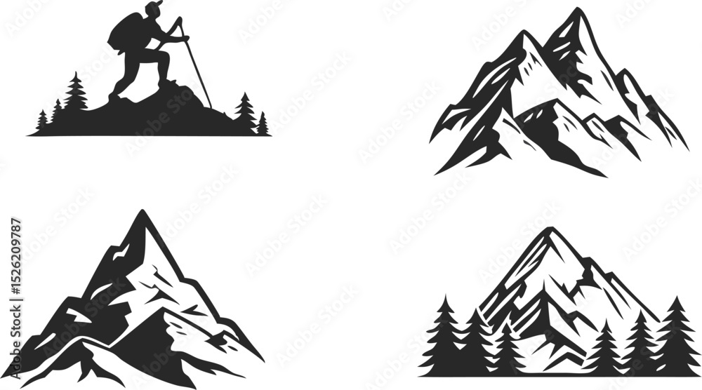 Fototapeta premium Four stylized mountain silhouettes with a hiker, perfect for outdoor adventure logos or branding.