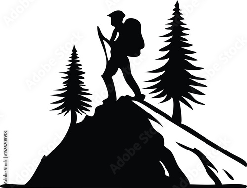 Hiking silhouette graphic of a traveler on a mountain peak.