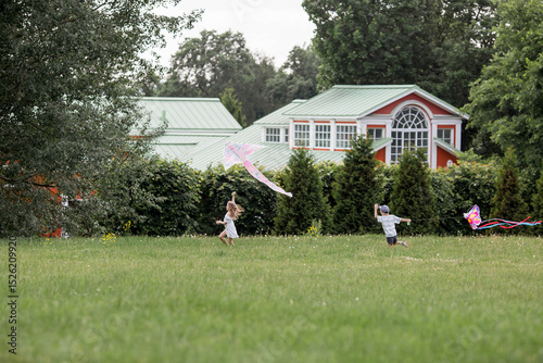 Children in the summer park. Children walk and fly a kite in the fresh air. Warm family moments or a conceptual image for spending time outdoors.