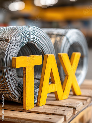 Industrial metal wire coil with yellow tax letters and tariff concept in warehouse setting photo