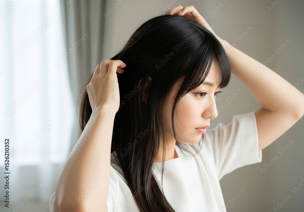 Fototapeta premium 髪の毛を整えている女性