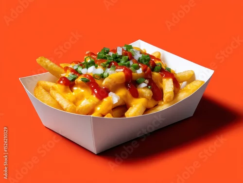 Fototapeta na wymiar Tray of cheese fries with ketchup and onions on solid orang