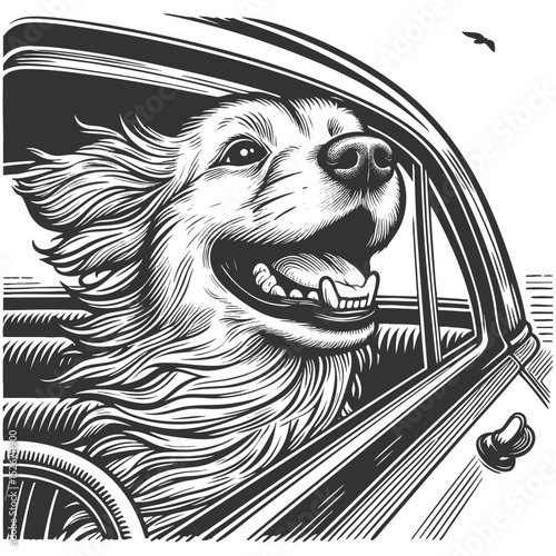 happy dog with its head out of a moving car window, fur blowing in the wind sketch engraving generative ai vector illustration. Scratch board imitation. Black and white image.