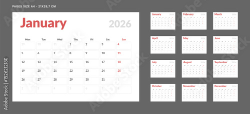 2026 Calendar Planner Set of Template 12 Monthly Page for Company or Personal use. Vector layout of a wall or desk organizer with week start Monday for print. Page for size A4-21x29.7cm