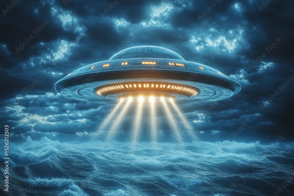 Obraz premium Mysterious Unidentified Flying Object Illuminating the Dark Ocean Horizon at Night with Glow