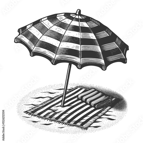peaceful beach setup featuring a striped umbrella, picnic basket, towel, and sunset over the ocean sketch engraving generative ai vector illustration. Scratch board imitation. Black and white image.