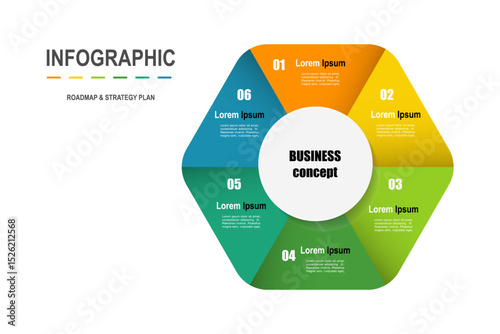 For business concept with 6 steps infographics,  multicolor hexagonal shape, design for workflow layout, diagram, annual report, web design. vector illustration
