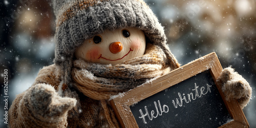 Cute smiling snowman with hat, scarf and woolen gloves, holding a blackboard with the English text Hello Winter while it is snowing, happily announces the arrival of the winter season. Generative Ai.