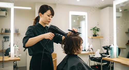 女性美容師がドライヤーとコームで丁寧にスタイリングする施術シーン、清潔感のある美容室内で落ち着いた雰囲気のプロフェッショナルサービス -生成AI photo