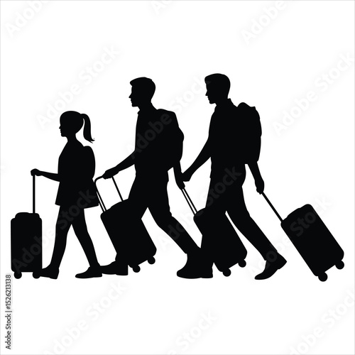 a group of 3 to 4 travelers walking side by side, each pulling a rolling suitcase on white background