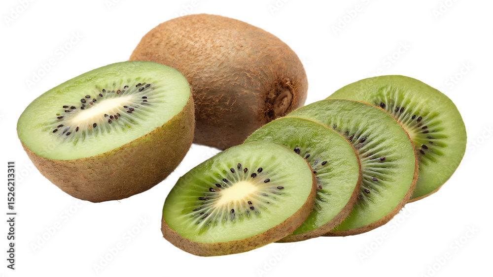 Fototapeta premium flying kiwi and half slices isolated on transparent white background PNG
