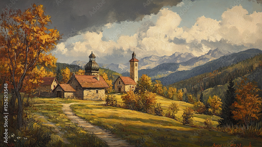 Fototapeta premium picturesque landscape featuring serene village surrounded by mountains, with autumn foliage