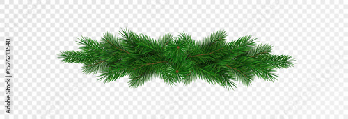 Garland of spruce branches. Christmas holiday decorations, realistic live fir tree effect with decorations for poster banners, png vector.	
