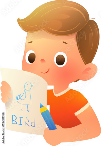 Little boy drawing a bird and writing a word on a piece of paper. Kid drawing and writing. Elementary schoolboy character writing in notebook studying. Vector children education illustration