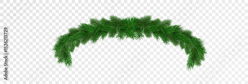 Garland of spruce branches. Christmas holiday decorations, realistic live fir tree effect with decorations for poster banners, png vector.