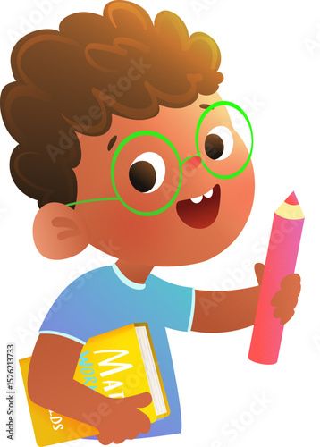 Cheerful smart black little boy student wearing glasses and holding book with pencil. Kids reading studying and learning character design for school education. Colorful vector children cartoon