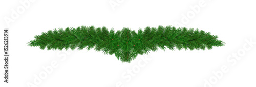 Garland of spruce branches. Christmas holiday decorations, realistic live fir tree effect with decorations for poster banners, png vector.