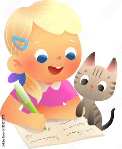 Little girl doing homework with her cat, writing in notebook. Kid drawing and writing with kitten. Elementary schoolgirl character writing in notebook studying. Vector children education illustration