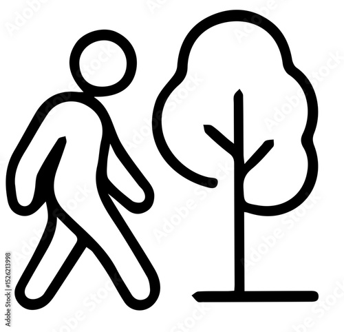 Stylized Figure Walks By a Simple Tree Illustration in Bold Outline