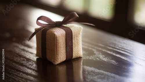 Burlap gift box with brown ribbon adorns a polished wooden surface