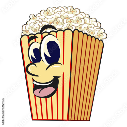 cartoon popcorn box mascot, funny snack character vector illustration isolated on transparent background, work of hand drawn
