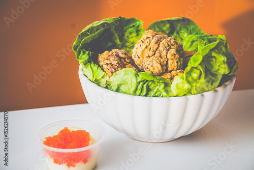 Chicken Karaage made with Japanese soy marinated chicken thigh, tobiko mayo