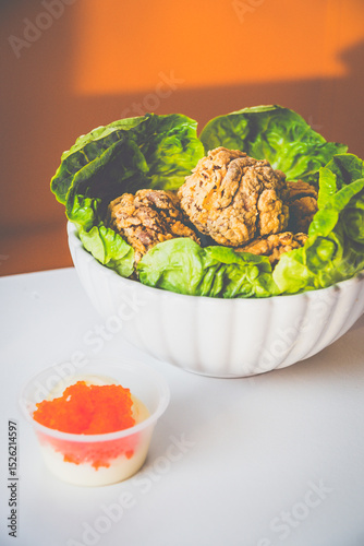 Chicken Karaage made with Japanese soy marinated chicken thigh, tobiko mayo