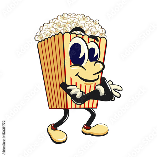 cartoon popcorn box mascot folding his arms calmly, funny snack character vector illustration isolated on transparent background, work of hand drawn