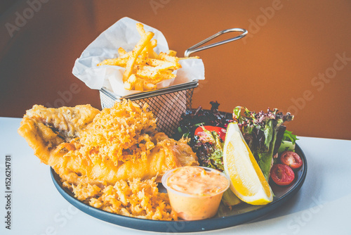 Beer Battered Snapper Fish made with crimson snapper, mesclun salad, fries