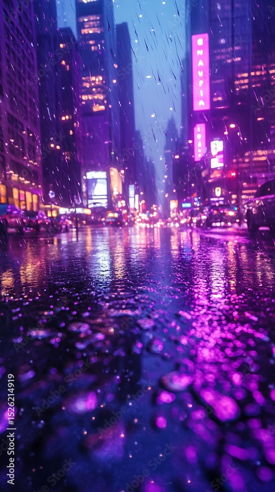 Obraz premium Urban rainfall symphony: A nocturnal canvas painted with neon light and shimmering reflections
