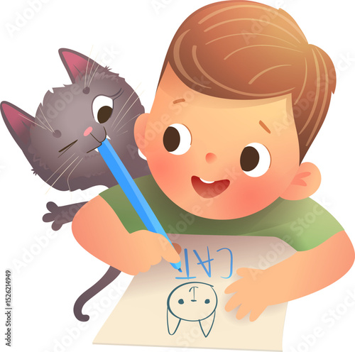 Little boy doing homework with his cat and playing together. Kid drawing and writing with kitten. Elementary schoolboy character writing in notebook studying. Vector children education illustration