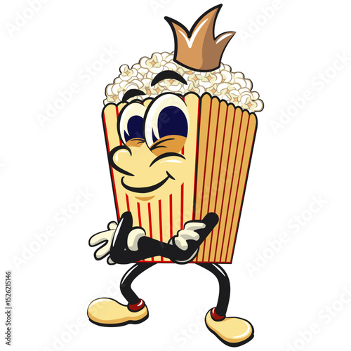 cartoon popcorn box mascot crowned like a king while folding his arms calmly, funny snack character vector illustration isolated on transparent background, work of hand drawn