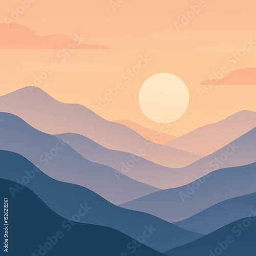 Colorful layers of mountain silhouettes set against a warm sunset sky, creating a serene and calming abstract visual with soft gradients and modern minimalist design elements.