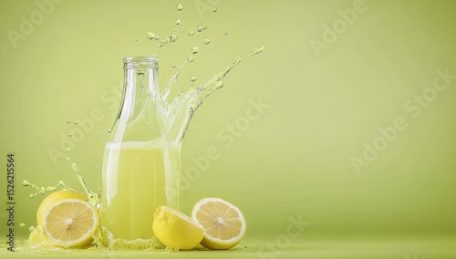A refreshing lemon juice bottle paired with three splashing lemons creates a vibrant image that embodies the essence of lemonade and fresh citrus flavors