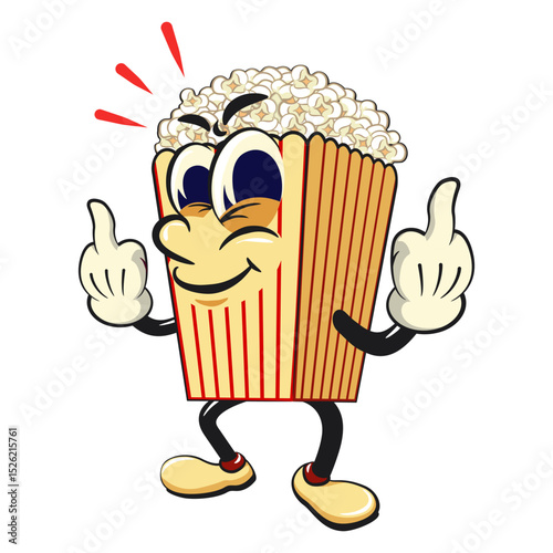 cartoon popcorn box mascot raising two middle finger, funny snack character vector illustration isolated on transparent background, work of hand drawn
