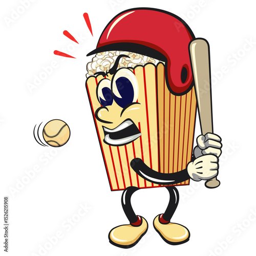 cartoon popcorn box mascot with helmet playing baseball ready to hit the ball with the bat, funny snack character vector illustration isolated on transparent background, work of hand drawn
